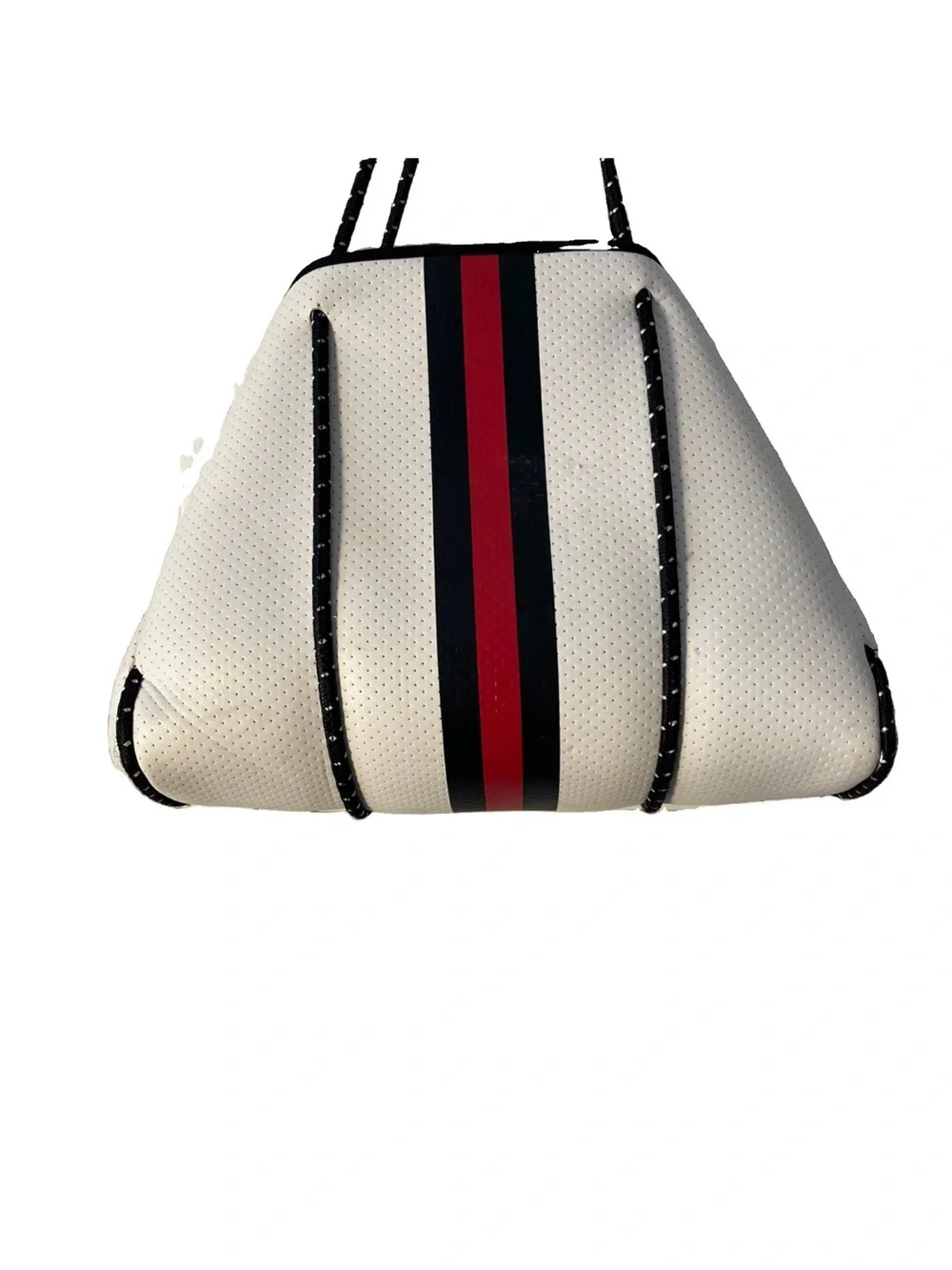 HAUTE SHORE White Neoprene Tote with Red & Black Center Stripes Sz L